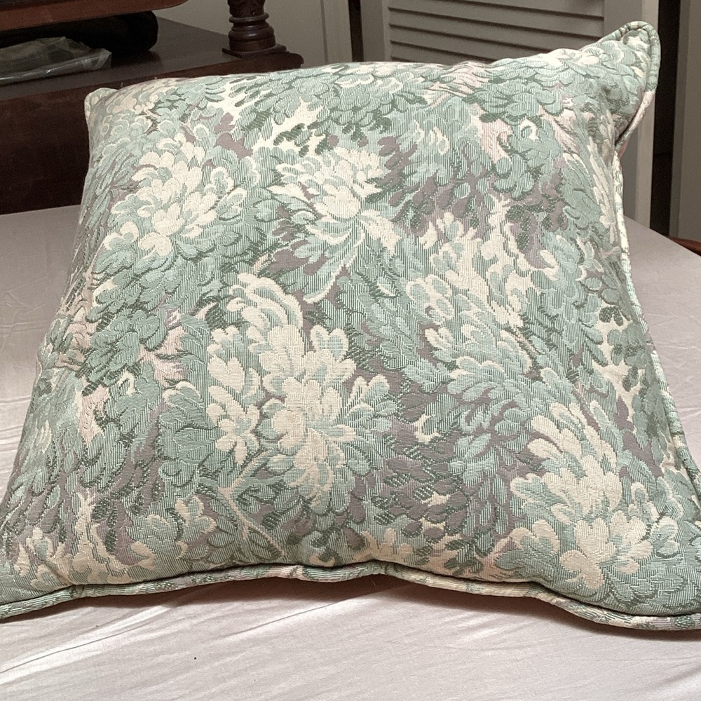 Floral Green and Cream Pillow with Pink Satin Backing 18”